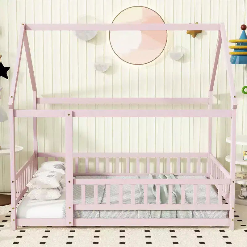 Full Size Floor Bed with Wooden House Frame and Fence Design for Safe & Imaginative Sleep Spaces for Children