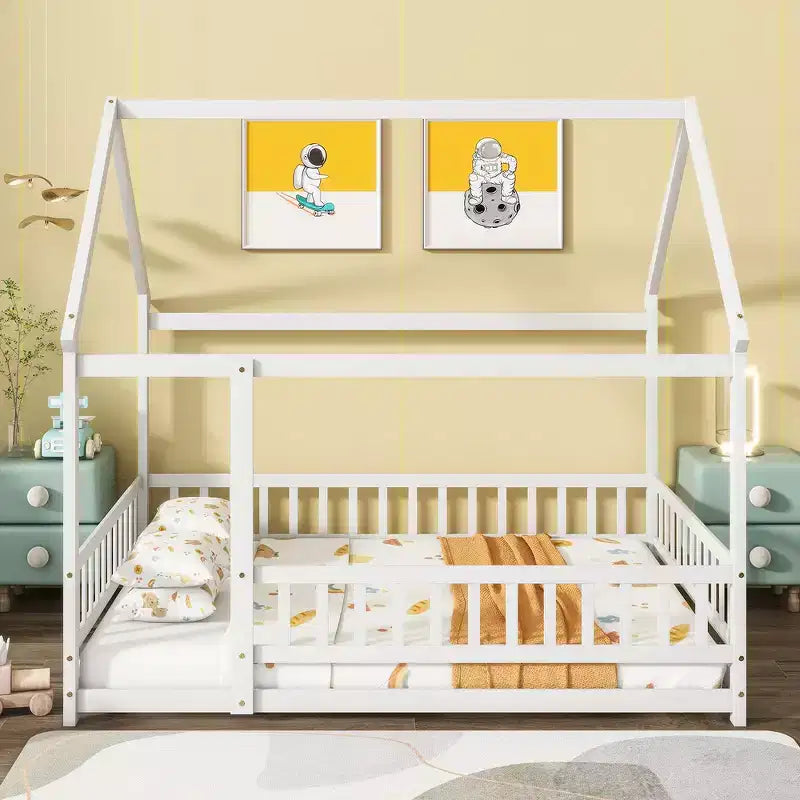 Full Size Floor Bed with Wooden House Frame and Fence Design for Safe & Imaginative Sleep Spaces for Children