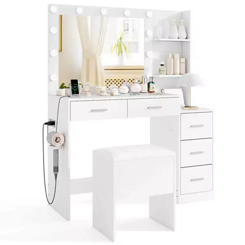Costway 43.5 Makeup Table Set Vanity Desk with Storage Stool Power Outlets 2 Open Shelves