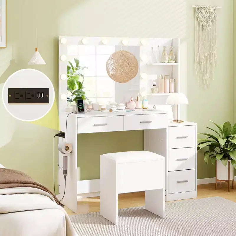43.5" Makeup Vanity Desk with Storage Stool, Power Outlets & 2 Open Shelves