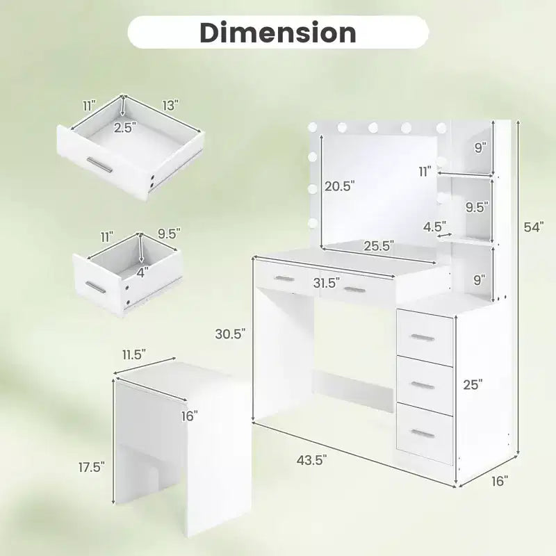 43.5" Makeup Vanity Desk with Storage Stool, Power Outlets & 2 Open Shelves