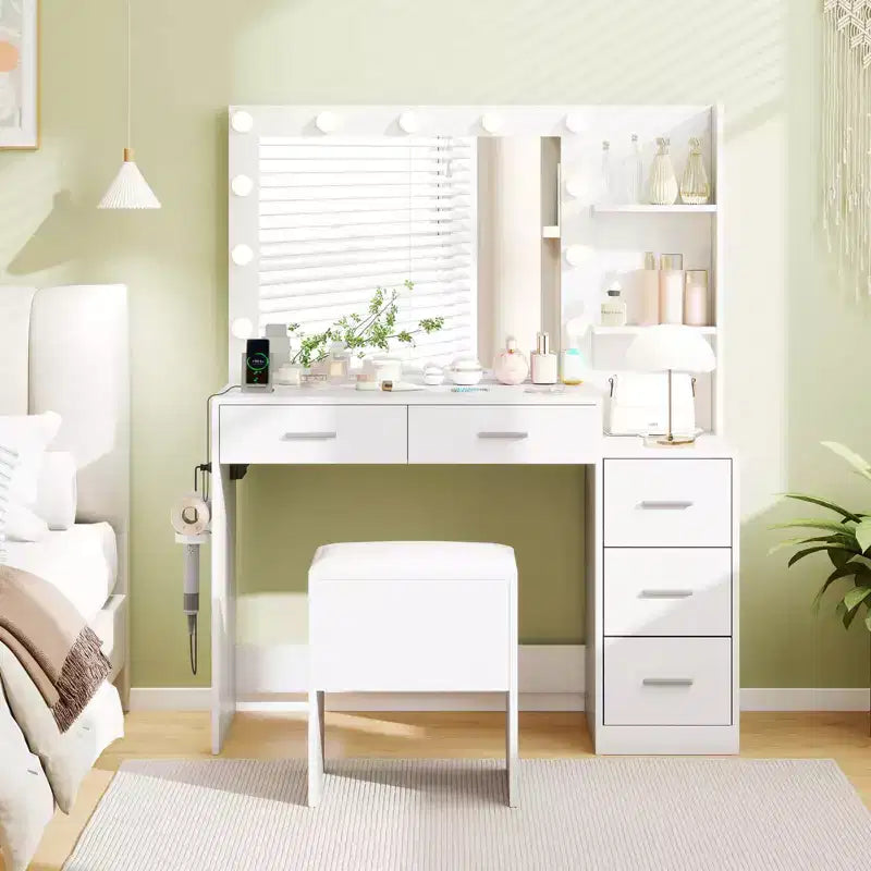 43.5" Makeup Vanity Desk with Storage Stool, Power Outlets & 2 Open Shelves
