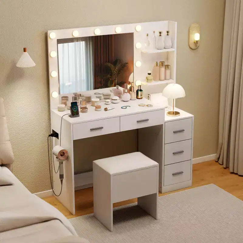 43.5" Makeup Vanity Desk with Storage Stool, Power Outlets & 2 Open Shelves