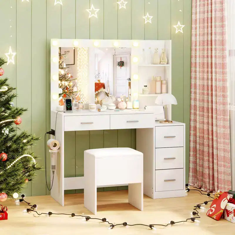 43.5" Makeup Vanity Desk with Storage Stool, Power Outlets & 2 Open Shelves