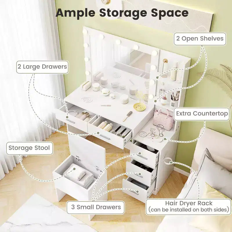43.5" Makeup Vanity Desk with Storage Stool, Power Outlets & 2 Open Shelves