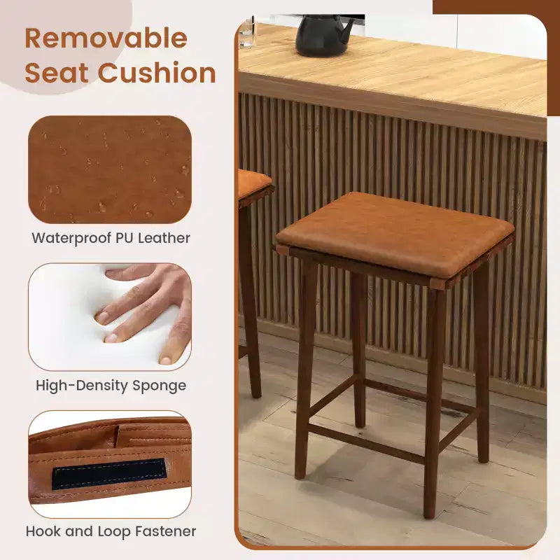 25.5" Dining Barstool w/ Footrest & Removable Cushion Rubber Wood & Acacia Wood Frame