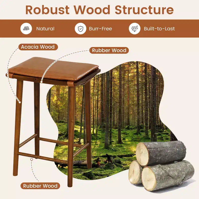 25.5" Dining Barstool w/ Footrest & Removable Cushion Rubber Wood & Acacia Wood Frame