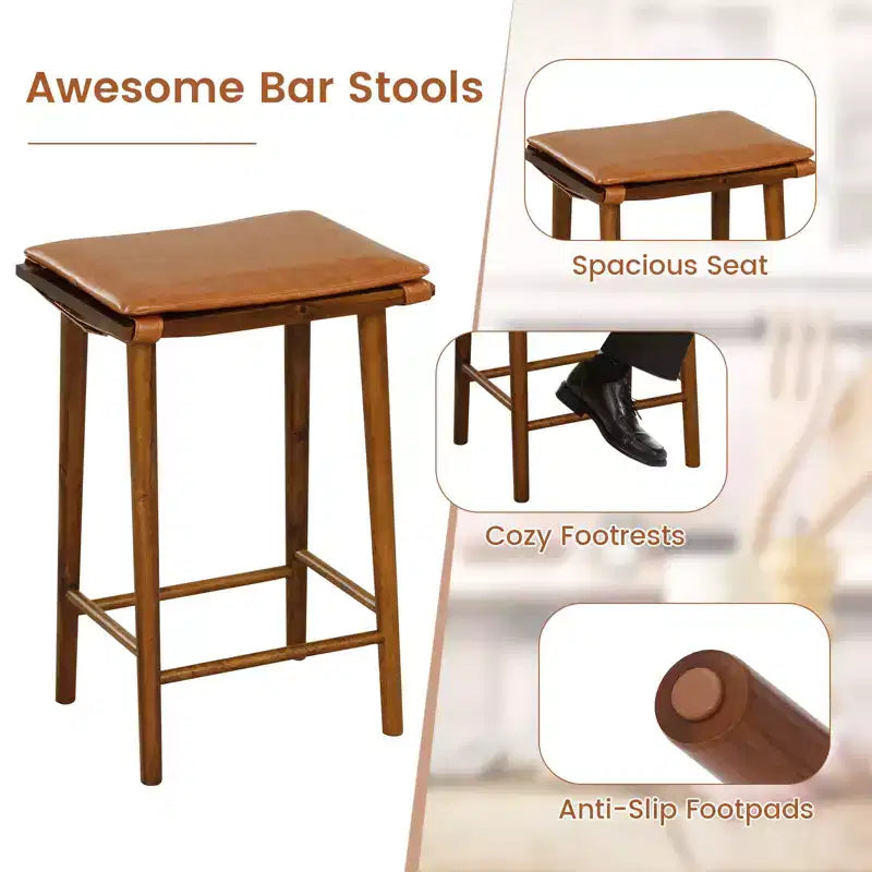 25.5" Dining Barstool w/ Footrest & Removable Cushion Rubber Wood & Acacia Wood Frame