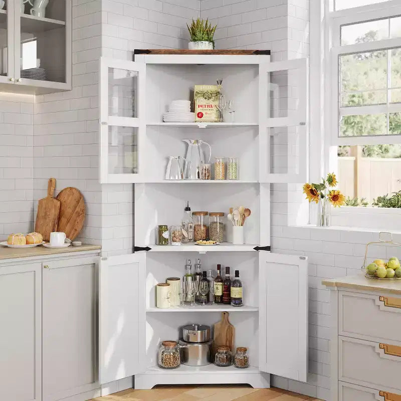 67 Tall Corner Storage Cabinet, Farmhouse Corner Hutch Display Cabinet with Glass Doors, Wooden Storage Organizer