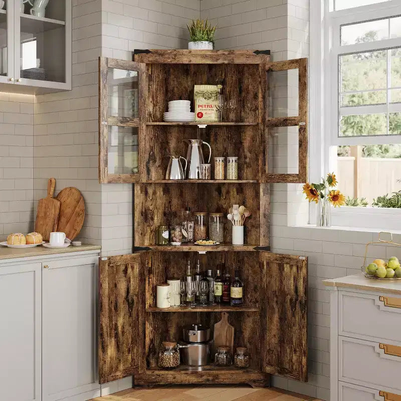 67 Tall Corner Storage Cabinet, Farmhouse Corner Hutch Display Cabinet with Glass Doors, Wooden Storage Organizer
