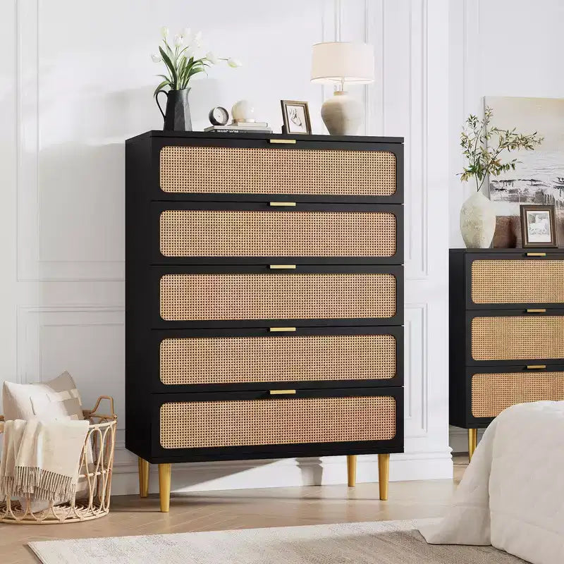 5-Drawer Rattan Dresser for Bedroom, Large Wooden Chest with Wide Top for Bedroom, Living Room, Hallway, or Kids Room