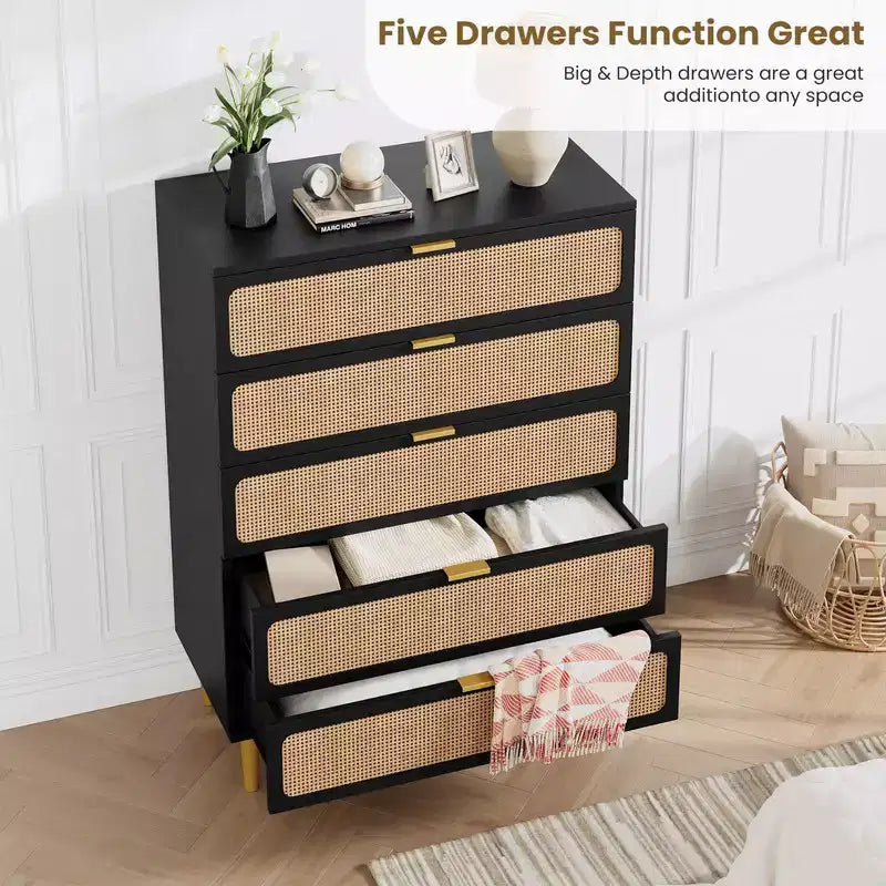 5-Drawer Rattan Dresser for Bedroom, Large Wooden Chest with Wide Top for Bedroom, Living Room, Hallway, or Kids Room