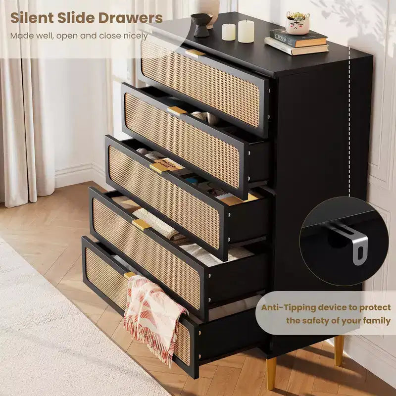 5-Drawer Rattan Dresser for Bedroom, Large Wooden Chest with Wide Top for Bedroom, Living Room, Hallway, or Kids Room
