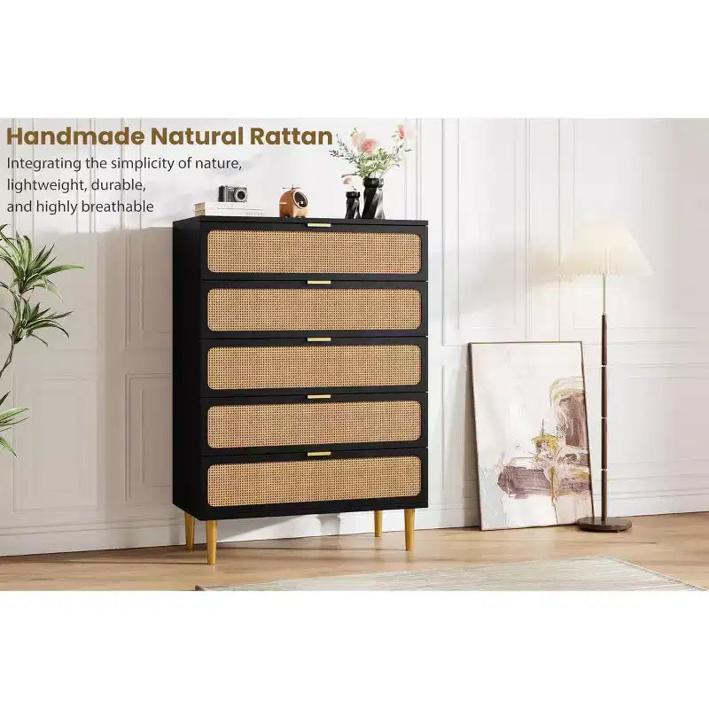 5-Drawer Rattan Dresser for Bedroom, Large Wooden Chest with Wide Top for Bedroom, Living Room, Hallway, or Kids Room