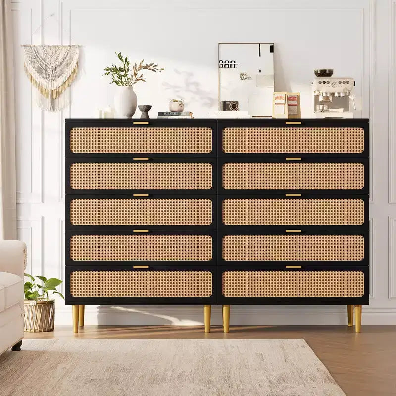 5-Drawer Rattan Dresser for Bedroom, Large Wooden Chest with Wide Top for Bedroom, Living Room, Hallway, or Kids Room