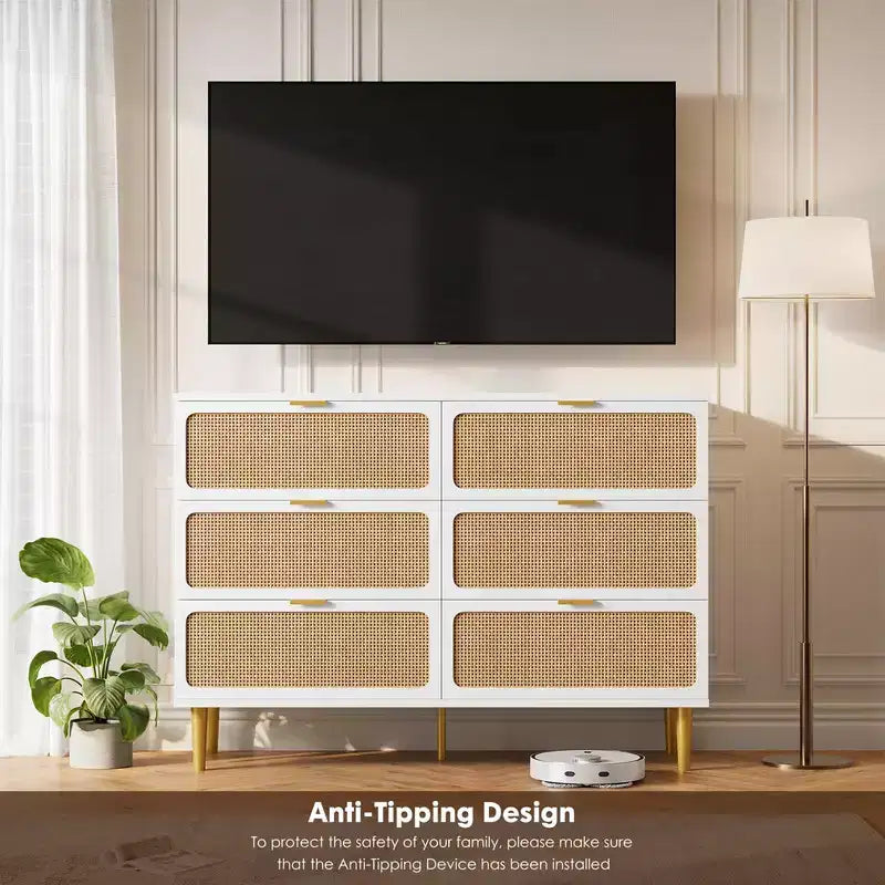5-Drawer Rattan Dresser for Bedroom, Large Wooden Chest with Wide Top for Bedroom, Living Room, Hallway, or Kids Room