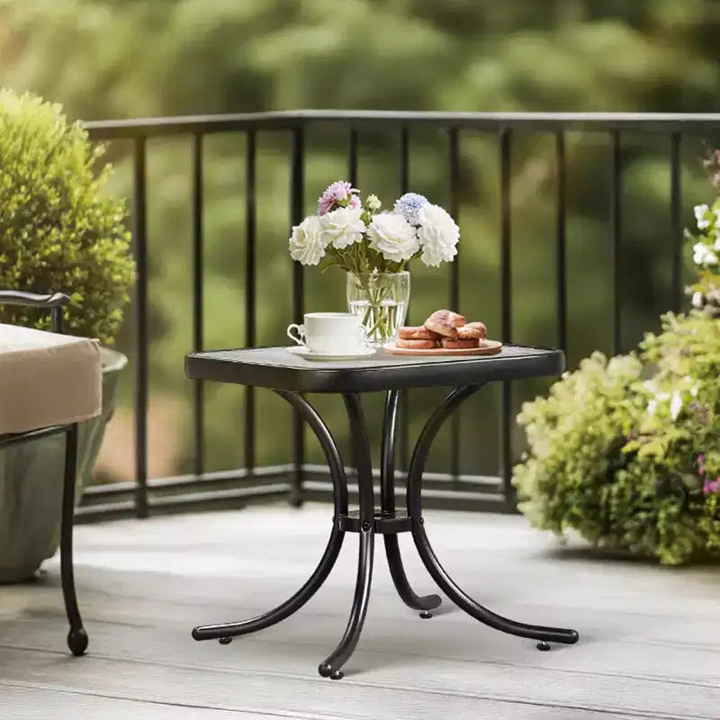 Outdoor Side Table, 18 Patio Table Steel Frame Tempered Glass Top, Weatherproof Small Tables for Balcony Garden Poolside