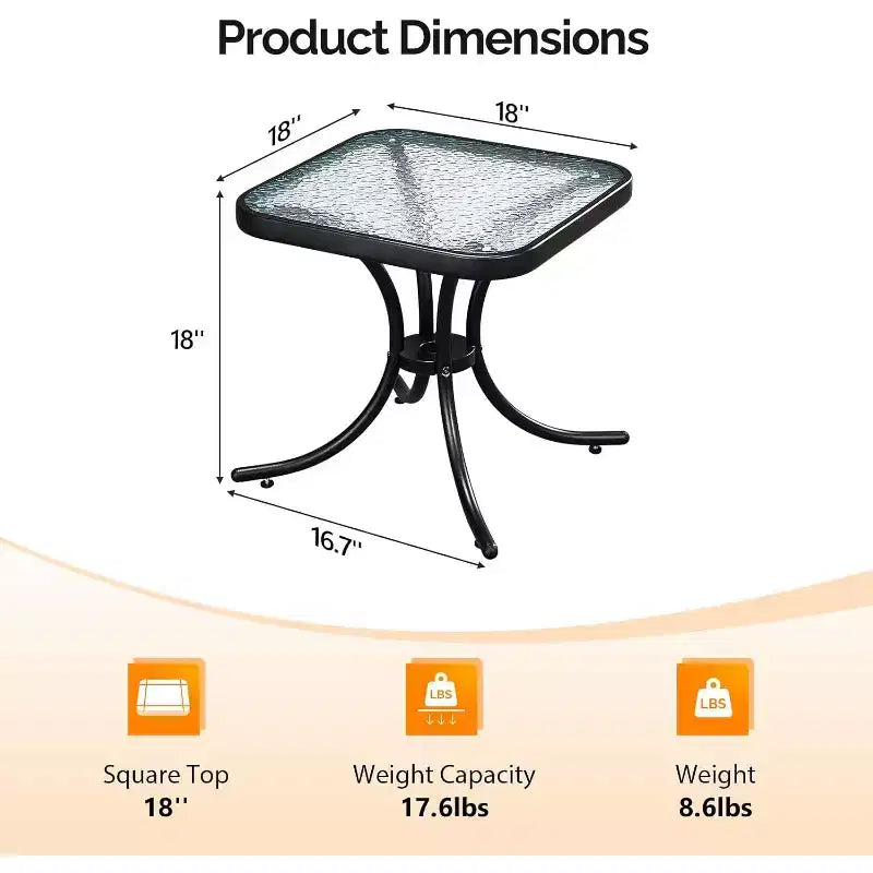Outdoor Side Table, 18 Patio Table Steel Frame Tempered Glass Top, Weatherproof Small Tables for Balcony Garden Poolside