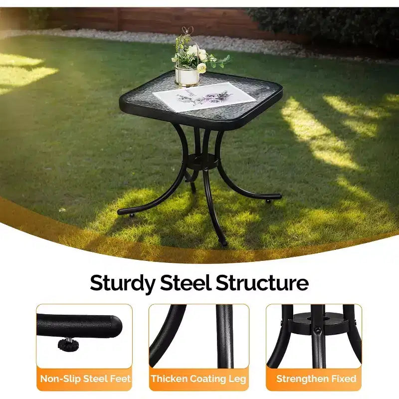 Outdoor Side Table, 18 Patio Table Steel Frame Tempered Glass Top, Weatherproof Small Tables for Balcony Garden Poolside