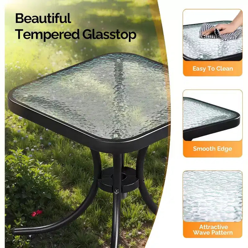 Outdoor Side Table, 18 Patio Table Steel Frame Tempered Glass Top, Weatherproof Small Tables for Balcony Garden Poolside