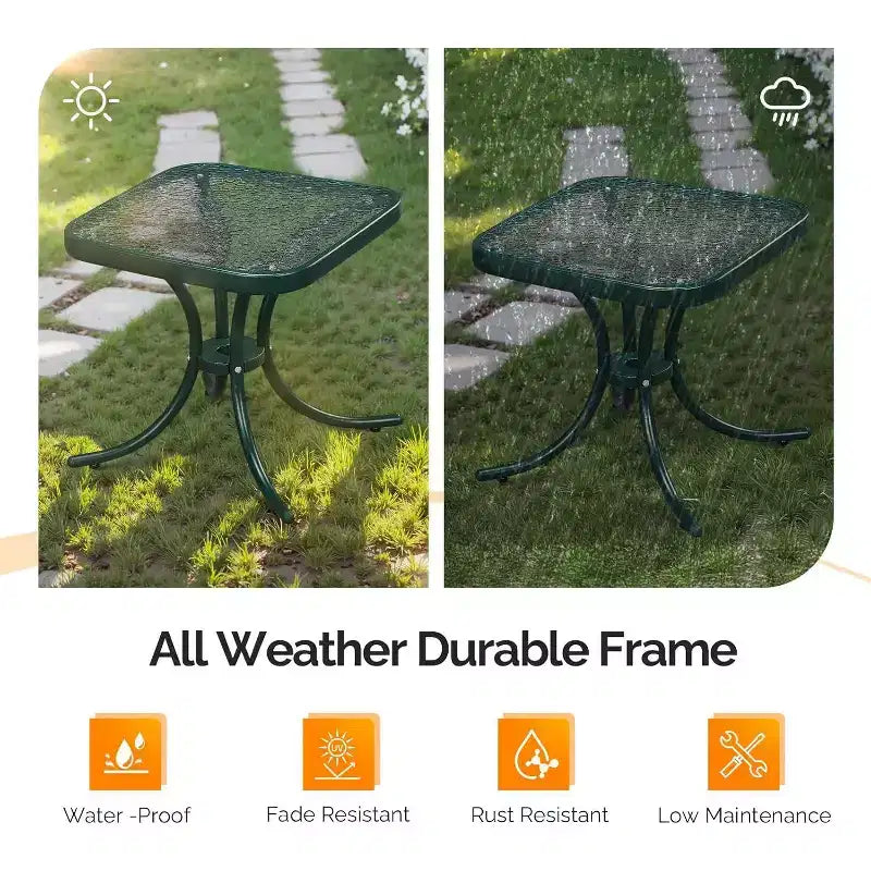 Outdoor Side Table, 18 Patio Table Steel Frame Tempered Glass Top, Weatherproof Small Tables for Balcony Garden Poolside