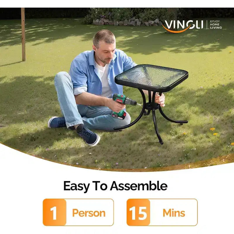 Outdoor Side Table, 18 Patio Table Steel Frame Tempered Glass Top, Weatherproof Small Tables for Balcony Garden Poolside