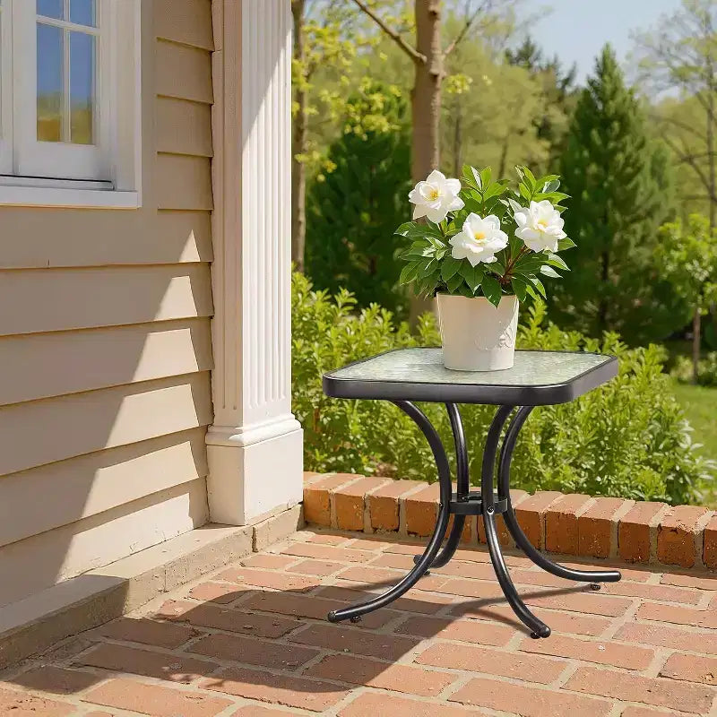 Outdoor Side Table, 18 Patio Table Steel Frame Tempered Glass Top, Weatherproof Small Tables for Balcony Garden Poolside