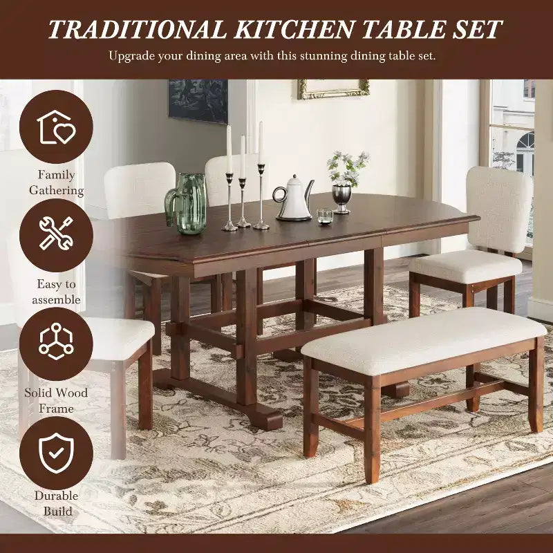 Table de salle à manger extensible pour 6 personnes, table de salle à manger de cuisine traditionnelle, expresso