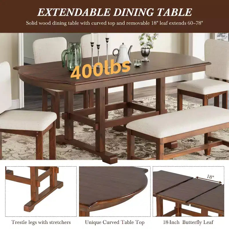 Extendable Dining Table for 6, Traditional Kitchen Dining Table, Espresso
