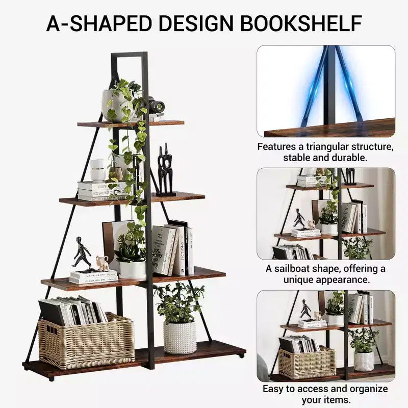 Sailboat Shaped Bookshelf, Book Shelf, 4-Tier Ladder Design, Sturdy Free-Standing Storage Shelves, Space Saving