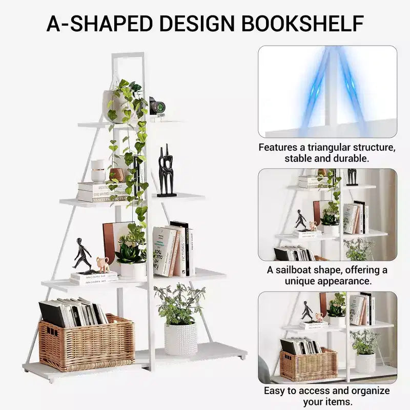 Sailboat Shaped Bookshelf, Book Shelf, 4-Tier Ladder Design, Sturdy Free-Standing Storage Shelves, Space Saving