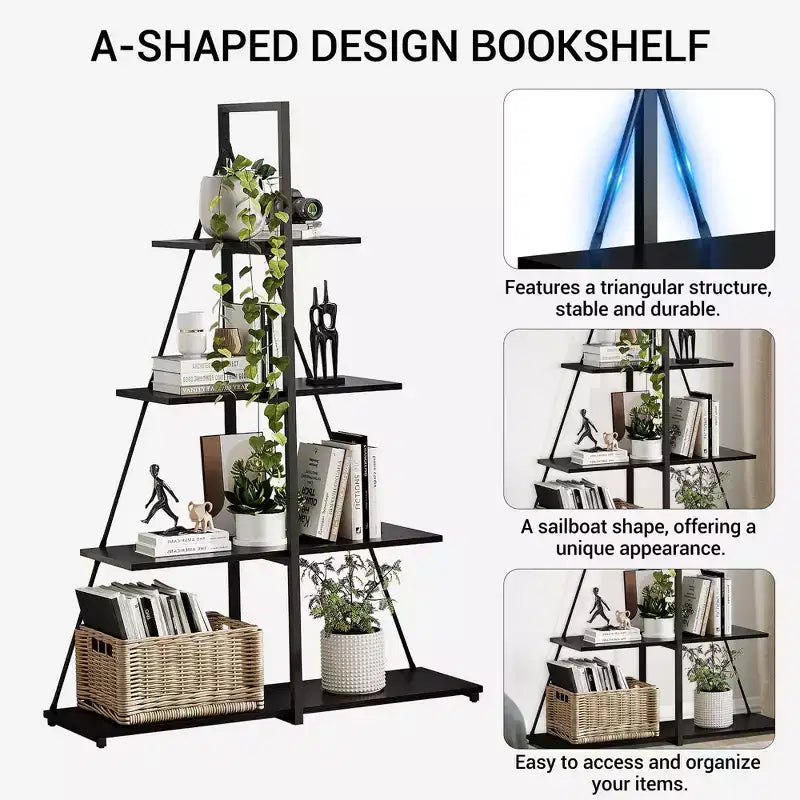 Sailboat Shaped Bookshelf, Book Shelf, 4-Tier Ladder Design, Sturdy Free-Standing Storage Shelves, Space Saving