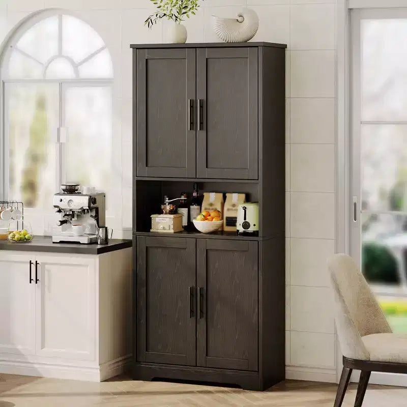 70in Tall Kitchen Pantry Cabinet, Freestanding Storage Cabinet with 4 Doors and Adjustable Shelves, Large Utility Wooden Coffee Bar Cabinet