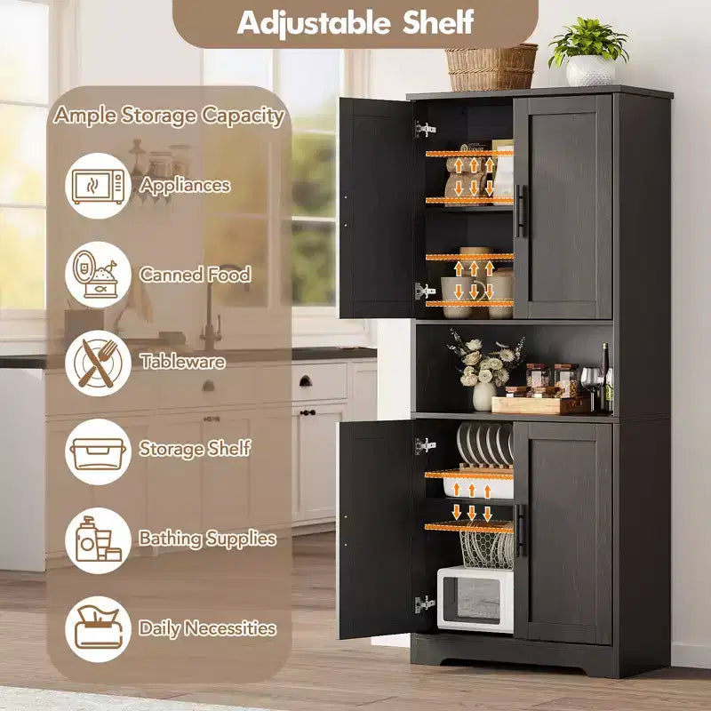70in Tall Kitchen Pantry Cabinet, Freestanding Storage Cabinet with 4 Doors and Adjustable Shelves, Large Utility Wooden Coffee Bar Cabinet