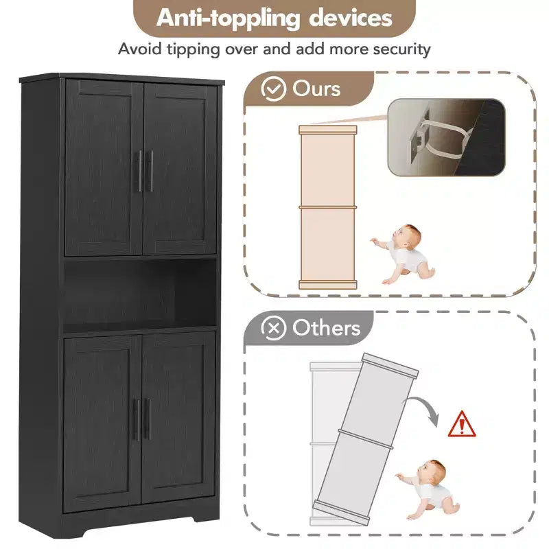 70in Tall Kitchen Pantry Cabinet, Freestanding Storage Cabinet with 4 Doors and Adjustable Shelves, Large Utility Wooden Coffee Bar Cabinet