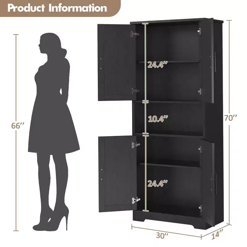 70in Tall Kitchen Pantry Cabinet, Freestanding Storage Cabinet with 4 Doors and Adjustable Shelves, Large Utility Wooden Coffee Bar Cabinet