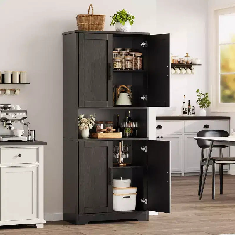 70in Tall Kitchen Pantry Cabinet, Freestanding Storage Cabinet with 4 Doors and Adjustable Shelves, Large Utility Wooden Coffee Bar Cabinet