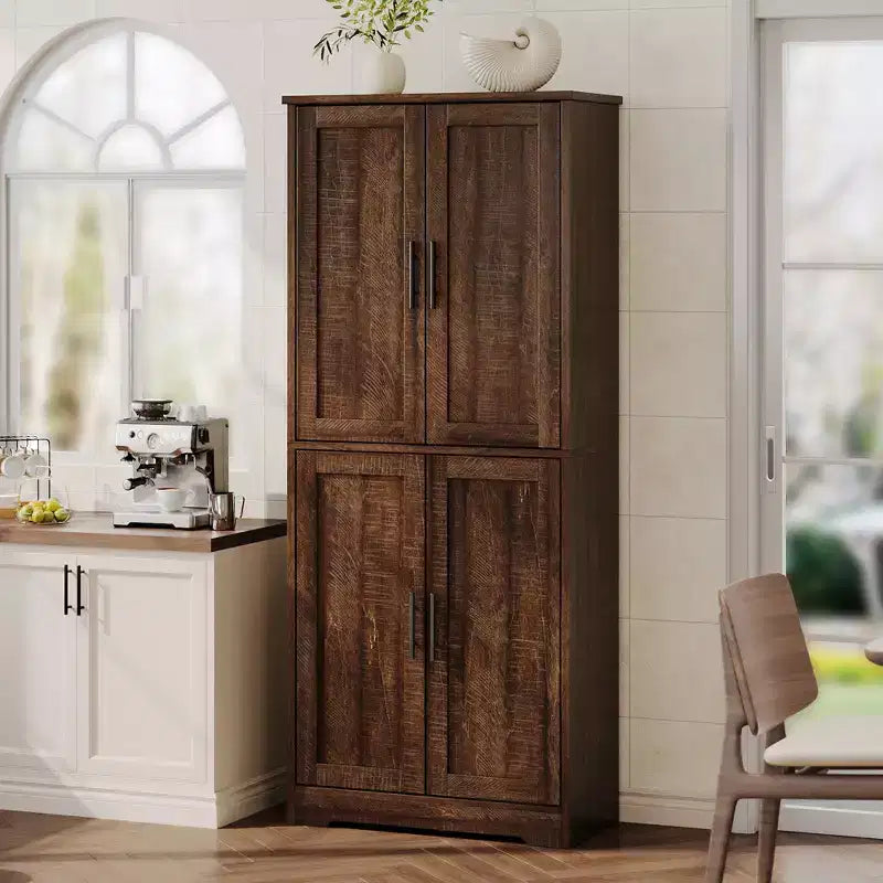 70in Tall Kitchen Pantry Cabinet, Freestanding Storage Cabinet with 4 Doors and Adjustable Shelves, Large Utility Wooden Coffee Bar Cabinet