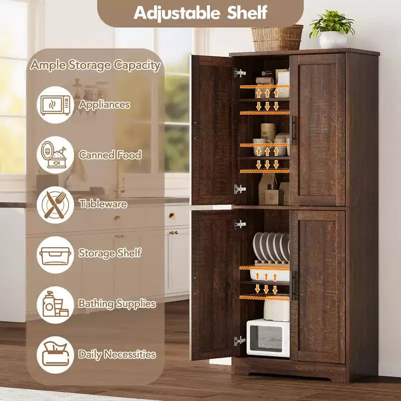 70in Tall Kitchen Pantry Cabinet, Freestanding Storage Cabinet with 4 Doors and Adjustable Shelves, Large Utility Wooden Coffee Bar Cabinet