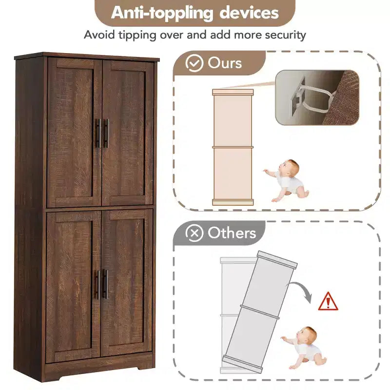 70in Tall Kitchen Pantry Cabinet, Freestanding Storage Cabinet with 4 Doors and Adjustable Shelves, Large Utility Wooden Coffee Bar Cabinet