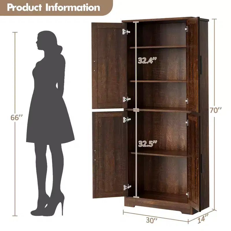 70in Tall Kitchen Pantry Cabinet, Freestanding Storage Cabinet with 4 Doors and Adjustable Shelves, Large Utility Wooden Coffee Bar Cabinet