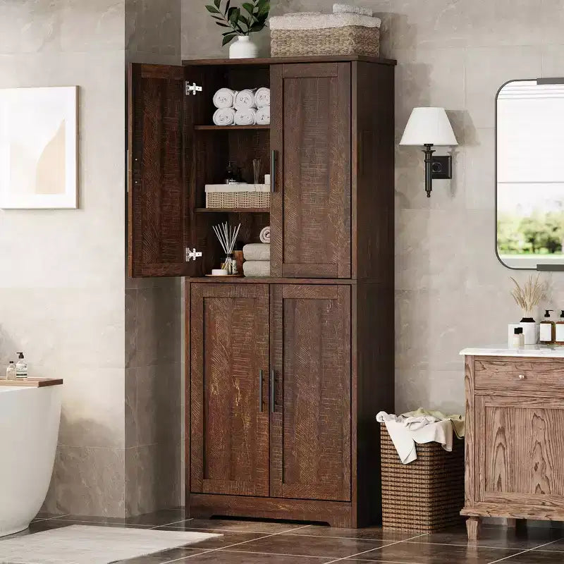 70in Tall Kitchen Pantry Cabinet, Freestanding Storage Cabinet with 4 Doors and Adjustable Shelves, Large Utility Wooden Coffee Bar Cabinet