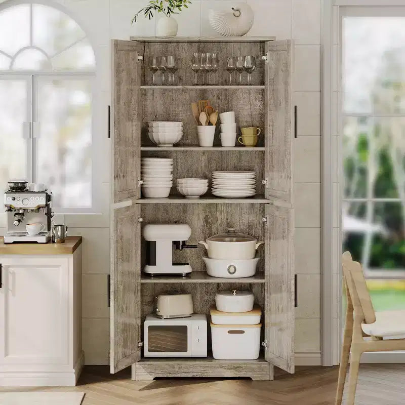 70in Tall Kitchen Pantry Cabinet, Freestanding Storage Cabinet with 4 Doors and Adjustable Shelves, Large Utility Wooden Coffee Bar Cabinet