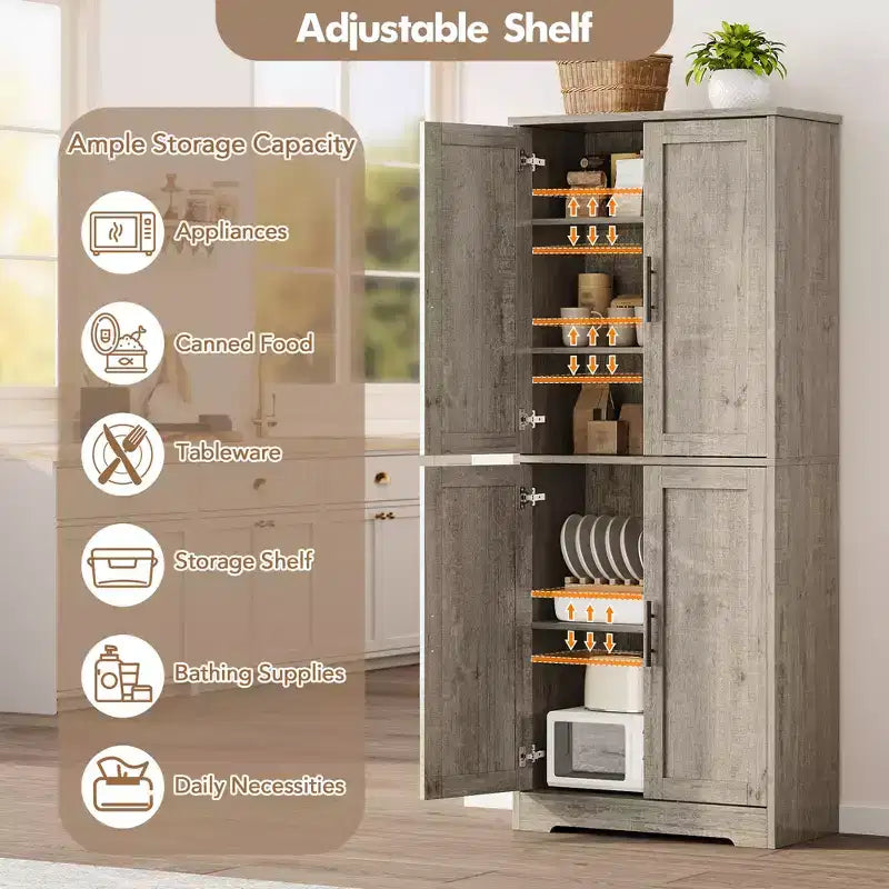 70in Tall Kitchen Pantry Cabinet, Freestanding Storage Cabinet with 4 Doors and Adjustable Shelves, Large Utility Wooden Coffee Bar Cabinet