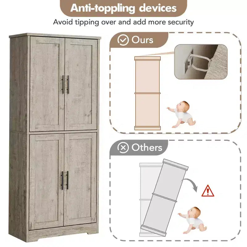 70in Tall Kitchen Pantry Cabinet, Freestanding Storage Cabinet with 4 Doors and Adjustable Shelves, Large Utility Wooden Coffee Bar Cabinet