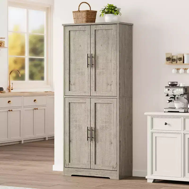 70in Tall Kitchen Pantry Cabinet, Freestanding Storage Cabinet with 4 Doors and Adjustable Shelves, Large Utility Wooden Coffee Bar Cabinet