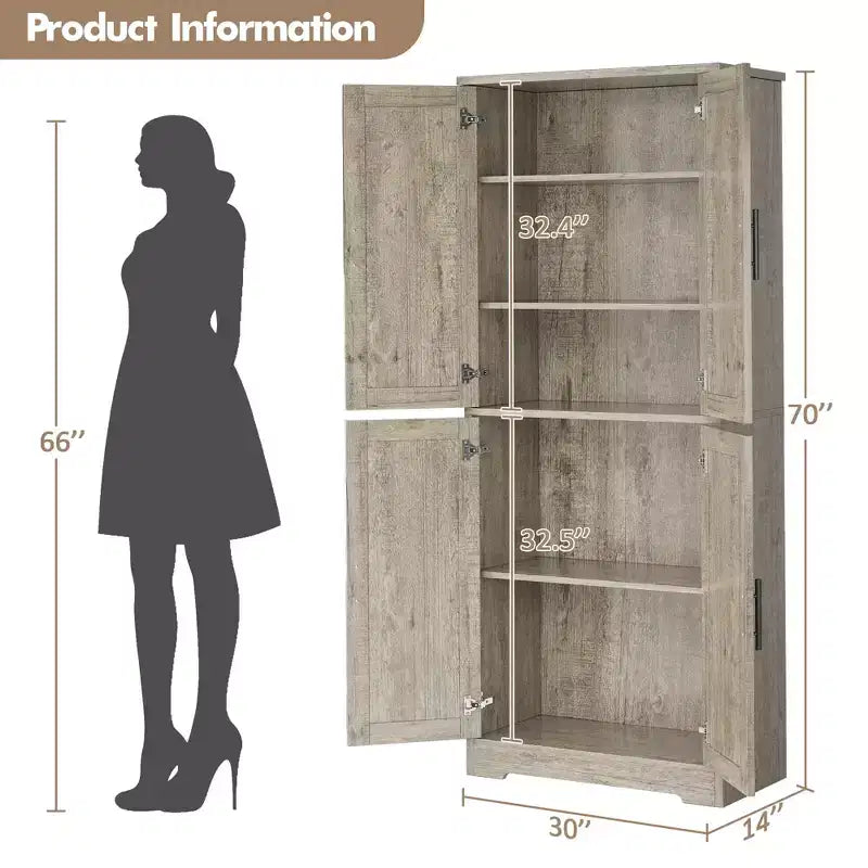 70in Tall Kitchen Pantry Cabinet, Freestanding Storage Cabinet with 4 Doors and Adjustable Shelves, Large Utility Wooden Coffee Bar Cabinet