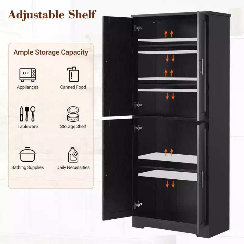 70in Tall Kitchen Pantry Cabinet, Freestanding Storage Cabinet with 4 Doors and Adjustable Shelves, Large Utility Wooden Coffee Bar Cabinet