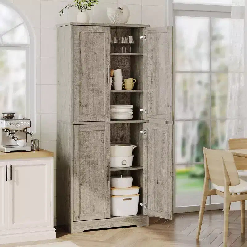 70in Tall Kitchen Pantry Cabinet, Freestanding Storage Cabinet with 4 Doors and Adjustable Shelves, Large Utility Wooden Coffee Bar Cabinet