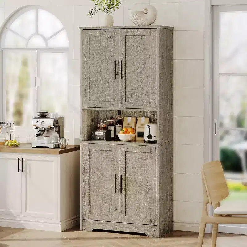 70in Tall Kitchen Pantry Cabinet, Freestanding Storage Cabinet with 4 Doors and Adjustable Shelves, Large Utility Wooden Coffee Bar Cabinet
